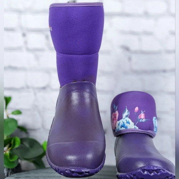 Wet weather rubber boots, rain, gardening, neoprene roll down purple floral 10 - Picture 6 of 15